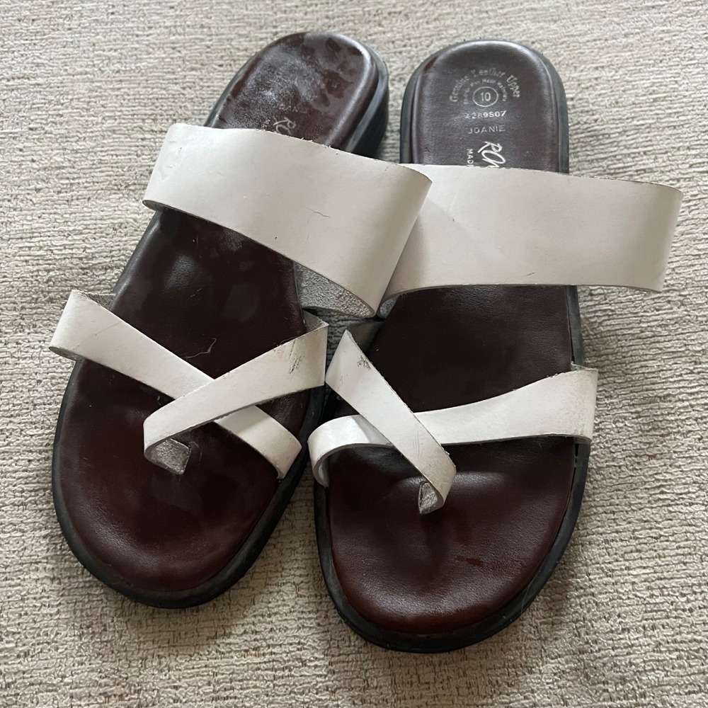 Romano Joanie White Leather Toe Loop Slide Sandals Made in Italy Womens‎ 10